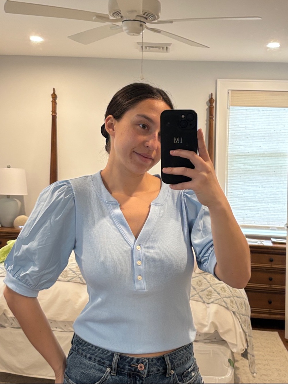 GAP Light Blue Puff-Sleeve Henley Tee